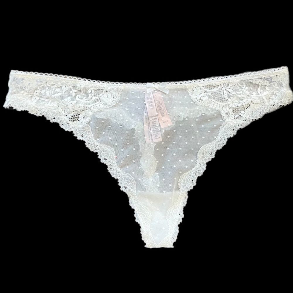 Victorias Secret Dream Angels Supersoft Mesh dot Lace trim Thong Panty white Xl